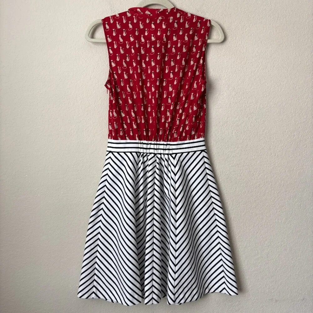 Anthropologie Tabitha Cat Gatto Printed Novelty Dress Striped Tie Neck HTF Rare - Picture 11 of 15